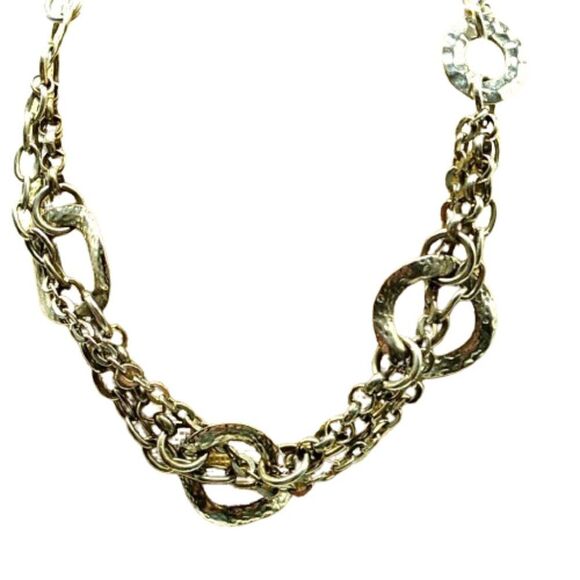 Triple Cable Link Silver-tone Necklace with Hammered Graduating Open Circles - Picture 2 of 8